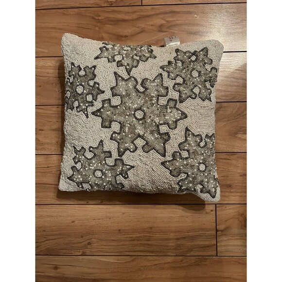 Christmas Beaded Silver Snowflake Throw Pillow Decor 14" Holiday - Picture 1 of 4